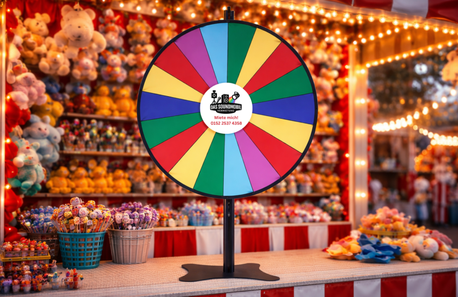 Glücksrad Farbige Gewinnspiel-Drehscheibe vor einem Stand mit Plüschspielzeug.
